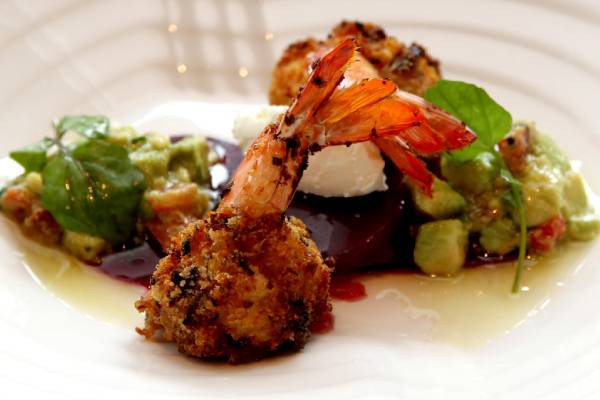 Sicilian Crumbed Prawns with Goats Cheese and Avocado Salsa, Pomegranate Jelly and Watercress