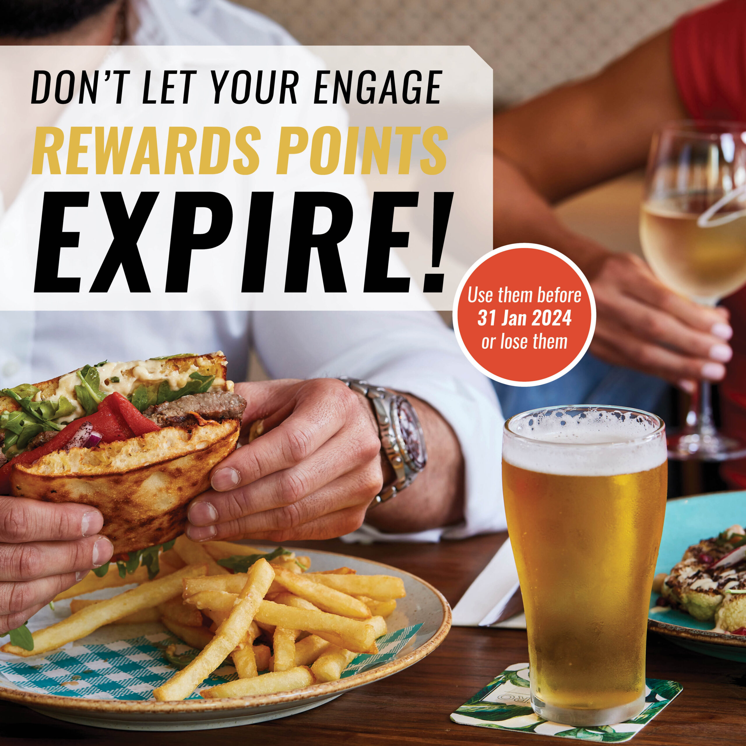 People eating food. Banner on top saying 'Don't let your Engage Rewards Points Ecxpire'