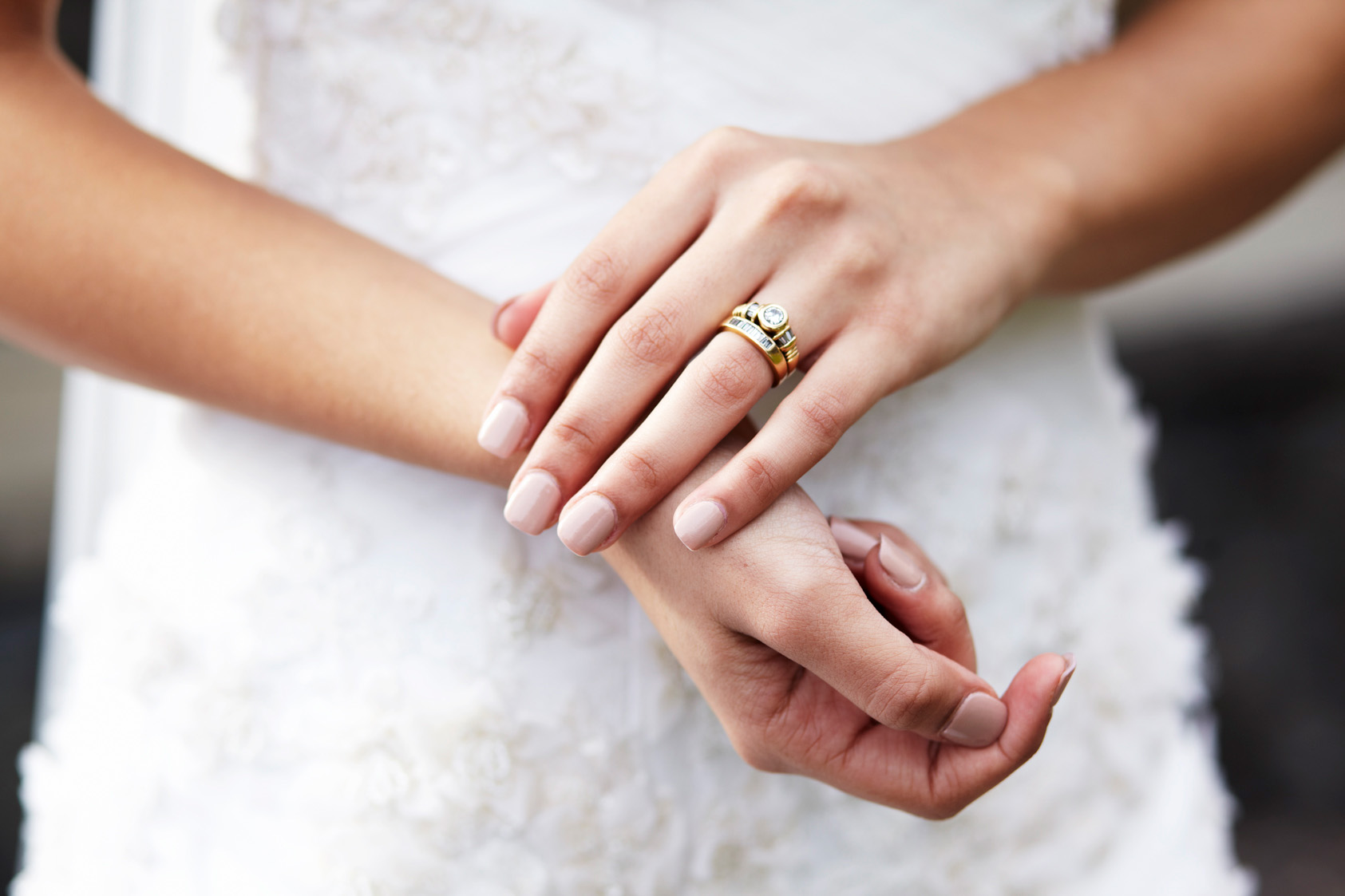 Upclose of bride hands wearing her rings