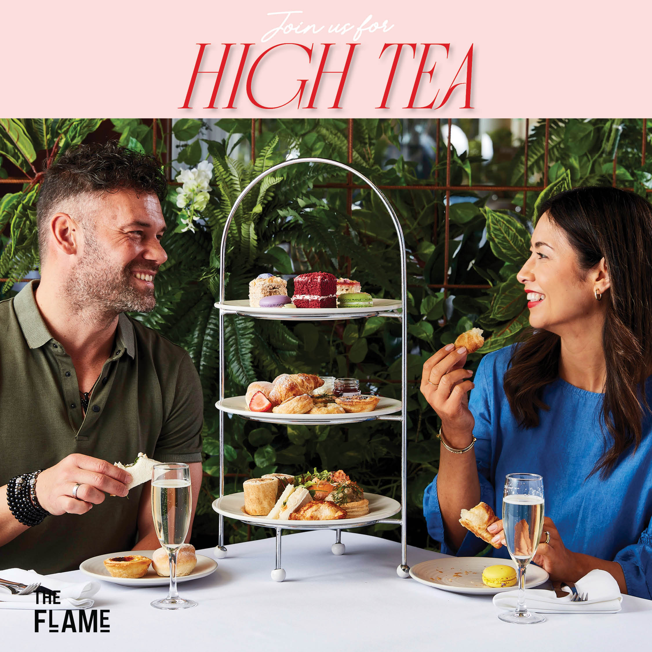 flame high tea, october, a couple enjoying high tea smiling at each other